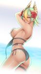 alluring armpits ass big_breasts bikini bikini_top_only cleru_(cleruuuuu) covering_breasts covering_privates dark_skin fire_emblem flower flower_on_head green_hair headdress high_res intelligent_systems laegjarn_(fire_emblem) looking_at_viewer nintendo official_alternate_costume red_eyes swimsuit unworn_bikini_top