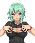 1girl black_shirt breasts cleavage cleavage_cutout green_hair houtengeki original purple_eyes self_clothes_tearing shirt short_hair simple_background smile solo t-shirt torn_clothes torn_shirt white_background wristband