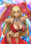 1girl 1girl absurd_res alluring arms_up artist_name bare_shoulders big_breasts blonde_hair blush commentary commission dancer dark-skinned_female dark_skin english_commentary eyeshadow fingernails fire_emblem fire_emblem:_the_binding_blade fire_emblem_heroes high_res holding huge_filesize igrene_(fire_emblem) intelligent_systems lips lipstick long_hair looking_at_viewer makeup mixed-language_commentary mole mole_under_eye nail_polish navel nez-box nintendo parted_lips pelvic_curtain revealing_clothes see-through_clothes signature simple_background smile stomach yellow_eyes