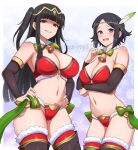 1girl 2_girls alluring arm_under_breasts bell big_breasts bikini bikini_bottom bikini_top black_eyes black_hair bottomwear cape christmas christmas_bikini christmas_clothing christmas_outfit cleavage daughter detached_sleeves feather_hair_ornament feathers female_only fire_emblem fire_emblem_awakening fire_emblem_warriors hair hands_on_hips headwear intelligent_systems legwear long_hair mature mature_female mature_woman milf milf mother_&_daughter neckwear noire_(fire_emblem) smile stockings surippa1010 swimwear tharja tharja_(fire_emblem) thighs topwear twin_tails