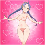 1girl 1girl alluring blue_eyes blush braid censored cleft_of_venus female_focus fire_emblem fire_emblem_fates floating_hair groin hairband heart high_res intelligent_systems legs long_hair looking_at_viewer navel nina_(fire_emblem) nintendo nipples nude purple_hair pussy serious simple_background standing thighs twin_braids yuki_(12cut)