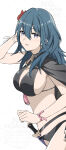 1girl 1girl alluring big_breasts bikini black_bikini blue_eyes byleth_(fire_emblem) byleth_(fire_emblem)_(female) byleth_(summer)_(fire_emblem)_(female) capelet cleavage fire_emblem fire_emblem:_three_houses fire_emblem_heroes flower hair_flower hair_ornament high_res intelligent_systems komurice long_hair looking_at_viewer nintendo parted_lips pink_ribbon ribbon sideboob simple_background stomach swimsuit teal_hair white_background wrist_ribbon