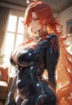 1girl ai_generated bodysuit curvy curvy_female curvy_figure genshin_impact long_hair mavuika_(genshin_impact) red_hair