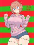 big_breasts blue_eyes blush bow breasts christmas christmas_lights denim denim_shorts doki_doki_literature_club drawlab33t hair_bow long_sleeves looking_at_viewer sayori_(doki_doki_literature_club) short_hair shorts stuck tangled_up thick_thighs thighs two-tone_background