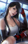 1girl angry bare_shoulders big_breasts black_eyes black_hair breasts cleavage collarbone dutch_angle earrings female_only female_solo final_fantasy final_fantasy_vii gloves head_tilt indoors jewelry long_hair looking_at_viewer loputon loputon_(artist) neck parted_lips red_gloves serious square_enix tifa_lockhart very_long_hair