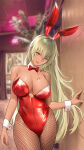 1girl alluring animal_ears arm_at_side arm_support bare_arms bare_shoulders big_breasts blonde_hair blurry blurry_background commentary commission cowboy_shot depth_of_field english_text fake_animal_ears fire_emblem fire_emblem:_the_binding_blade fire_emblem_heroes fishnet_pantyhose fishnets hair_between_eyes head_tilt high_res highleg highleg_leotard igrene_(fire_emblem) indoors intelligent_systems legs_together leotard lipstick_mark long_hair looking_at_viewer mixed-language_commentary mole mole_under_eye nintendo pantyhose playboy_bunny rabbit_ears red_leotard shizuko_hideyoshi smile standing strapless strapless_leotard wrist_cuffs yellow_eyes
