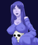 1girl 1girls 2012 big_breasts blue_background blush breasts joker_(splatterhouse) ml namco namco_bandai open_mouth pixiv purple_eyes purple_hair purple_skin skull smile splatterhouse