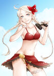 1girl 1girl ahoge alluring bikini bikini_skirt bikini_top_only binoculars blue_eyes blush bracelet braid cleavage cloud day ebi_puri_(ebi-ebi) female_focus fire_emblem fire_emblem_fates flower hair_flower hair_ornament hibiscus intelligent_systems jewelry long_hair navel nina_(fire_emblem) nintendo sky swimsuit twin_braids white_hair