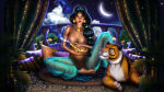 1girl aladdin_(1992_disney_film) aladdin_(series) almost_nude animal aqua_pants arabian_clothes arabian_female ayyasap balcony bangs bare_shoulders barefoot black_eyes black_hair breasts breasts_apart brown_eyes cloud crescent_moon curtains dark-skinned_female dark_skin disney disney_princess earrings female_focus female_only female_pubic_hair female_solo gold_earrings gold_jewelry gold_necklace grin harem_outfit harem_pants indian_style jewelry lips lipstick long_hair looking_at_another looking_at_viewer magic magic_lamp makeup medium_breasts moon nail_polish naughty_face neck necklace night night_sky nipples outside pants parted_bangs parted_lips pillow pink_nose princess princess_jasmine pubic_hair pussy rajah red_lipstick sitting sky smile solo_focus star starry_sky tied_hair tiger toenail_polish tree uncensored very_long_hair yellow_sclera