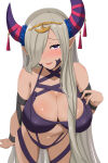 1girl 1girl absurd_res alluring asymmetrical_horns big_breasts bikini black_bikini cleavage dark-skinned_female dark_skin dragon_girl fire_emblem fire_emblem_engage gluteal_fold grey_hair hair_ornament hair_over_one_eye high_res horns intelligent_systems long_hair looking_at_viewer mature_female nintendo patty_ojisan pointy_ears purple_eyes smile swimsuit tassel tassel_hair_ornament uneven_horns very_long_hair zephia_(fire_emblem)