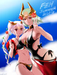 2_girls akino_(gokosei) alluring big_breasts bikini black_bikini black_one-piece_bikini cleavage cloud cloudy_sky copyright_name cowboy_shot day dutch_angle ear_piercing fire_emblem fire_emblem_heroes flower green_hair hair_between_eyes hair_flower hair_ornament hair_vines horn_ornament horns intelligent_systems laegjarn_(fire_emblem) laegjarn_(summer)_(fire_emblem) laevatein_(fire_emblem) laevatein_(summer)_(fire_emblem) laevateinn_(fire_emblem) looking_at_viewer medium_breasts midriff multicolored_hair multiple_girls navel nintendo one-piece_bikini orange_hair outside parted_lips piercing red_eyes sarong siblings side-tie_swimsuit sideboob silf silfs silver_hair sisters sky smile swimsuit twin_tails twitter_username two-tone_hair v wet