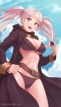 1girl 1girl absurd_res artist_name awan0918 bikini black_bikini blue_sky blush cleavage cloud commentary_request day fire_emblem fire_emblem_awakening fire_emblem_heroes fire_emblem_warriors from_below gloves grey_hair high_res hood intelligent_systems long_hair looking_at_viewer looking_down navel nintendo o-ring o-ring_bikini official_alternate_costume open_mouth outside robe robin_(fire_emblem) robin_(fire_emblem)_(female) robin_(summer)_(fire_emblem)_(female) simple_background sky smile standing stomach swimsuit thighs twin_tails under_boob watermark