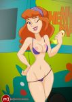 bikini breasts daphne_blake hairband looking_at_viewer mr._j mr._j_(artist) mystery_inc navel nipples red_hair scooby-doo swimsuit wink