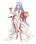 1girl 1girl alluring big_breasts bikini blue_hair body_markings braid cleavage cornucopia covering_crotch covering_privates female_focus fire_emblem fire_emblem_heroes full_body heidrun_(fire_emblem) heidrun_(summer)_(fire_emblem) high_res intelligent_systems long_hair looking_at_viewer navel nectar nintendo non-web_source official_alternate_costume official_art red_eyes sandals sencha_(senchat) swimsuit tachi-e very_long_hair white_bikini