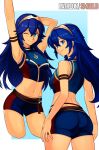 1girl 1girl alluring arm_up ass blue_background blue_eyes blue_hair border closed_mouth commentary crossed_bangs english_commentary fire_emblem fire_emblem_awakening fire_emblem_cipher fire_emblem_warriors hair_between_eyes high_res intelligent_systems long_hair looking_at_viewer lucina lucina_(cipher_swimsuit)_(fire_emblem) lucina_(fire_emblem) medium_breasts midriff navel nintendo official_alternate_costume one_eye_closed outside_border simple_background smgold smile stomach swimsuit tiara white_border