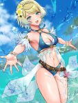 1girl 1girl alluring bikini blonde_and_teal_hair blue_bikini blue_eyes bracelet cleavage criss-cross_halter fire_emblem fire_emblem_heroes fjorm_(fire_emblem) fjorm_(summer)_(fire_emblem) flower hair_flower hair_ornament halterneck high_res intelligent_systems jewelry looking_at_viewer medium_breasts navel nintendo official_alternate_costume smile snow20200 swimsuit