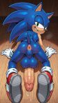 1girl ai_generated all_fours anthro anus balls big_balls big_penis blue_body bodily_fluids clothing cum cum_on_ground footwear genital_fluids genitals gloves green_eyes handwear high_res huge_balls huge_penis humanoid_genitalia humanoid_penis inside leaking_precum looking_at_viewer looking_back looking_back_at_viewer male penis precum presenting presenting_anus sega shoes sonic_the_hedgehog sonic_the_hedgehog_(series) sweat sweaty_balls sweaty_body sweaty_genitalia tail_up vein veiny_penis wood_floor yiff_ai_(director)