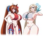 2_girls animal_ears antenna_hair asuna_(blue_archive) bare_shoulders bikini blonde_hair blue_archive blue_eyes blue_halo blush breasts cleavage daiwa_scarlet_(umamusume) groin hair_over_one_eye hair_ribbon halo hand_on_own_chest hand_on_own_hip high_res horse_ears horse_girl huge_breasts lazy_ant long_hair looking_at_viewer multiple_girls navel open_mouth red_bikini red_eyes red_hair ribbon smile swimsuit thighs twin_tails uma_musume_-_pretty_derby umamusume umamusume_pretty_derby under_boob very_long_hair white_bikini wrist_ribbon