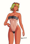 1girl alternate_costume artist_name bare_arms bare_shoulders big_breasts blush cleavage collarbone commentary covered_navel dark-skinned_female dark_skin eyewear_on_head fire_emblem fire_emblem_heroes gradient_hair green_hair gris_swimsuit highleg highleg_one-piece_bikini intelligent_systems laegjarn_(fire_emblem) medium_breasts meziosaur multicolored_hair nintendo one-piece_bikini orange_hair parted_lips see-through_clothes short_hair signature simple_background strapless strapless_one-piece_bikini sunglasses swimsuit thighs two-tone_hair white_background