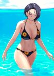 1girl 1girl alluring alternate_costume anagumasan asymmetrical_hair bikini black_bikini black_hair cleavage female_focus fire_emblem fire_emblem:_three_houses floral_print hair_behind_ear halterneck high_res intelligent_systems looking_at_viewer navel nintendo ocean outside partially_submerged purple_eyes shamir_nevrand short_hair sky smile sunflower_print swimsuit thighs water