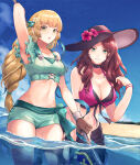 1girl 2_girls alluring alternate_costume arm_up beach big_breasts big_breasts bikini blonde_hair blush blush breast_size_difference breasts brown_hair cleavage curvaceous curvy curvy_female curvy_figure dorothea_arnault dorothea_arnault_(summer) female_only fire_emblem fire_emblem:_three_houses fire_emblem_heroes fit fit_female flower flower_in_hair front-tie_bikini front-tie_top green_eyes grin hat hourglass_figure human human_only ingrid_brandl_galatea ingrid_brandl_galatea_(summer) intelligent_systems leaning leaning_forward light-skinned_female light_skin long_hair looking_at_viewer medium_breasts midriff multiple_females multiple_girls namerow_chang navel nintendo ocean official_alternate_costume partially_submerged sea smile smiling_at_viewer soft soft_breasts stomach surprised surprised_expression swimsuit thick thick_thighs thighs toned toned_female water wholesome