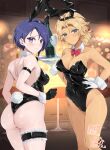 2_girls alluring alternate_costume animal_ears ass bare_shoulders black_bow black_bowtie black_gloves black_leotard blonde_hair blue_eyes blush bow bowtie catherine_(fire_emblem) cleavage collarbone commentary_request commission covered_navel dark-skinned_female dark_skin dated detached_collar embarrassed fake_animal_ears fake_tail fire_emblem fire_emblem:_three_houses from_behind gloves hand_on_own_hip high_res highleg highleg_leotard holding holding_tray indoors intelligent_systems leotard long_hair medium_breasts multiple_girls nintendo playboy_bunny ponytail purple_eyes purple_hair rabbit_ears rabbit_tail red_bow red_bowtie shamir_nevrand short_hair short_ponytail signature skeb_commission strapless strapless_leotard sweatdrop tail thighs tray waitress white_gloves wrist_cuffs yuuri_(orz_commushows)