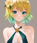 1girl 1girl alluring bikini blonde_and_teal_hair cleavage criss-cross_halter earrings fire_emblem fire_emblem_heroes fjorm_(fire_emblem) fjorm_(summer)_(fire_emblem) flower green_bikini green_eyes green_hair grey_background hair_flower hair_ornament halterneck hand_up high_res intelligent_systems jewelry jurge medium_breasts multicolored_hair nintendo official_alternate_costume short_hair simple_background swimsuit upper_body yellow_flower