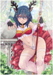 1girl alluring alternate_costume animal_ears antlers bush byleth_(fire_emblem) byleth_(fire_emblem)_(female) christmas collar curtains fake_animal_ears female_only fingerless_gloves fire_emblem fire_emblem:_three_houses fishnet_legwear fishnets gensox gloves grin hair_between_eyes intelligent_systems looking_at_viewer medium_breasts medium_hair midriff mischievous mischievous_grin mischievous_look mischievous_smile navel nintendo outside panties pillow see-through shoulders sitting smile spear stockings teal_hair thighs thong underwear weapon white_panties wide_hips
