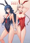 2_girls absurd_res ahoge alluring animal_ears arm_behind_head bare_shoulders blue_eyes blue_hair bow bowtie braid chinese_zodiac commission commissioner_upload detached_collar earrings fire_emblem fire_emblem_awakening fire_emblem_fates fire_emblem_warriors gluteal_fold grey_hair high_res holding_hands intelligent_systems jewelry licking_lips long_hair looking_at_viewer low_twin_braids lucina lucina_(fire_emblem) medium_breasts multiple_girls neck_tie nina_(fire_emblem) nintendo non-web_source parted_bangs playboy_bunny rabbit_ears shiro_font tongue tongue_out twin_braids wrist_cuffs year_of_the_rabbit