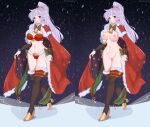 1girl 1girl 1girls alluring alternate_costume bare_midriff bare_thighs bell big_breasts cape christmas christmas_outfit cleavage commission cosplay detectiveneko female_only fire_emblem fire_emblem:_genealogy_of_the_holy_war fire_emblem_heroes high_heels hourglass_figure intelligent_systems ishtar_(fire_emblem) long_hair looking_at_viewer naked_cape naked_stockings nintendo nipples nude nude_female panties ponytail purple_eyes purple_hair pussy red_panties smile snow stockings stockings tharja_(fire_emblem)_(cosplay) thighs