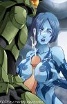 armor blue_hair blue_skin breasts cortana cum cum_on_breasts cum_on_face cumshot fellatio female hair halo_(series) hetero male master_chief nipples oral orgasm paizuri penis technophilia video_games