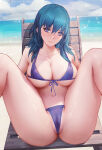 1girl 1girl alluring alternate_costume azto_dio aztodio beach big_breasts bikini blue_eyes blue_sky blush byleth_(fire_emblem) byleth_(fire_emblem)_(female) closed_mouth collarbone crotch day fire_emblem fire_emblem:_three_houses high_res intelligent_systems looking_at_viewer medium_hair navel nintendo purple_bikini sky smile spread_legs swimsuit teal_hair
