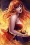 1girl bare_arms bare_shoulders big_breasts breasts dress expressionless eyeshadow female_only female_solo fiery_hair fire from_side head_tilt lips lipstick long_hair looking_at_viewer loputon loputon_(artist) magic makeup medium_breasts neck orange_eyes orange_hair original original_character parted_lips red_dress serious sideboob strapless strapless_dress wavy_hair