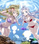 2girls big_breasts bikini blonde_hair blue_eyes blush blush_lines bracelet bracelets breasts bubbles collarbone coral detailed_background earrings fairy_tail female fish flower flower_in_hair frilled_bikini frills front_ponytail glistening glistening_breasts gold_bracelet gold_bracelets hair_up high_ponytail jellyfish jenny_realight jewelry light_blush mirajane_strauss multiple_girls navel necklace ocean purple_bikini purple_swimsuit red_bikini sea_anemone side-tie_bikini side-tie_bikini_bottom side-tie_panties sidelocks smile swimming swimsuit thick_thighs thin_waist trenganfinn29 underwater v_sign water white_frills white_hair wide_hips
