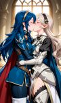 2_girls ai_generated armor blue_cape blue_hair closed_eyes corrin_(fire_emblem) corrin_(fire_emblem)_(female) female_only fire_emblem fire_emblem_awakening fire_emblem_fates grey_hair hugging intelligent_systems kissing lucina_(fire_emblem) multiple_girls nintendo yuri