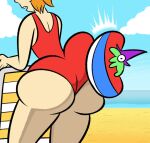 1boys 1girl 1girl 2025 adult_swim ass beach beach_ball beach_chair big_ass bikini comedy funny glep_(smiling_friends) green_body green_skin hat humor light-skinned_female light_skin male movie_reference oboithisisfunky ocean psychicpebbles purple_hat red_bikini sand smiling_friends tagme wizard_hat zoey_(smiling_friends)