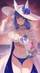 1girl 1girl absurd_res alluring arm_up big_breasts bikini blue_bikini blue_eyes blue_flower blue_hair cape cleavage cleavage_cutout clothing_cutout cloud cloudy_sky coat cup disposable_cup disposable_ice_cream_cup doiparuni fire_emblem fire_emblem_heroes flower food hat high_res holding holding_cup ice ice_cream ice_horns intelligent_systems multicolored_bikini nail_polish navel nifl_(fire_emblem) nifl_(summer)_(fire_emblem) nintendo ocean official_alternate_costume sky snowflake_print spoon swimsuit twilight two-tone_bikini two-tone_swimsuit utensil_in_mouth white_bikini white_cape white_coat