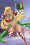 1girl 1girl 1girls alluring alternate_costume antlers arrow_(weapon) attack bare_midriff bare_thighs big_breasts blonde_hair bow_(weapon) bra capelet christmas christmas_outfit cleavage dark-skinned_female dark_skin female_only fingerless_gloves fire_emblem fire_emblem:_the_binding_blade gift gloves green_panties igrene_(fire_emblem) intelligent_systems long_hair midriff nintendo open_mouth outside panties rinku_bny smile snow stockings thick_thighs thighs underwear very_long_hair weapon yellow_eyes