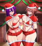 1girl 2_girls alluring asian asian_female bikini_top blue_eyes blush brown_eyes brown_hair christmas christmas_outfit docking grin hat high_res jadenkaiba looking_at_viewer miniskirt purple_hair santa_hat school_fight skirt smiling_at_viewer thick_thighs thong under_boob yui_rakkuza