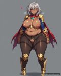 1girl 1girl 1girl arm_armor armor armored_boots arms_at_sides belly big_breasts black_pantyhose blue_eyes blush breasts breath cape cleft_of_venus clothing curvy dark-skinned_female dark_skin earrings full_body gauntlets gem gold_armor greaves grey_background grey_eyes grey_hair hair_between_eyes heavy_breathing jewelry medium_hair navel nipples pantyhose parted_lips pauldrons plump pussy pussy pussy_juice pussy_juice_puddle pussy_juice_trail red_cape shoulder_armor simple_background standing stomach sweat thick_thighs thighband_pantyhose thighs torn_cape torn_clothes torn_pantyhose waifuai_studio web_address wide_hips