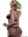 1girl absurd_res alluring ass big_breasts black_one-piece_bikini dark-skinned_female dark_skin earrings female_focus fire_emblem fire_emblem_heroes flower from_behind green_hair hair_flower hair_ornament high_res intelligent_systems jewelry laegjarn_(fire_emblem) laegjarn_(summer)_(fire_emblem) looking_back nintendo one-piece_bikini parted_lips red_eyes sarong see-through_clothes short_hair sideboob silf simple_background swimsuit thong tommy_(kingdukeee) twitter_username white_background