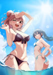 1girl 2_girls absurd_res alluring amausa_subee bikini black_bikini black_hair blue_eyes blue_sky brown_hair cloud cowboy_shot day hair_bun halterneck high_res long_hair looking_at_viewer medium_breasts multiple_females multiple_girls my_teen_romantic_comedy_snafu open_mouth outside ponytail red_eyes round_teeth side-tie_bikini_bottom side_bun silf single_hair_bun single_side_bun sky small_breasts soaking_feet string_bikini swimsuit teeth upper_teeth_only wading water white_bikini yahari_ore_no_seishun_lovecome_wa_machigatteiru. yuigahama_yui yukinoshita_yukino