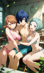 1boy 1girl bikini_bottom blue_hair cleavage couples fuuka_yamagishi light_brown_hair minato_arisato persona persona_3 teal_hair yukari_takeba yuuki_makoto