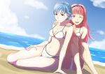 2_girls absurd_res alluring beach bikini blue_hair blue_sky braid brown_eyes cleavage closed_mouth cloud crown_braid day earrings female_focus fire_emblem fire_emblem:_three_houses high_res hilda_valentine_goneril hilda_valentine_goneril_(timeskip) hoop_earrings intelligent_systems jewelry knees_up long_hair marianne_von_edmund marianne_von_edmund_(timeskip) matching_hair/eyes multiple_girls navel nintendo one_eye_closed open_mouth outside pink_eyes pink_hair polka_dot polka_dot_bikini ponytail sitting sky sukkirito_(rangusan) swimsuit water wink