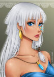 1girl arms_at_sides atlantis:_the_lost_empire bare_arms bare_shoulders blue_clothing blue_eyes breasts cleavage collarbone disney earrings expressionless facial_mark female_only female_solo gold_earrings gold_jewelry gradient gradient_background grey_background grin hair_between_eyes jewelry kida kidagakash kidagakash_'kida'_nedakh light_smile lips lipstick long_hair looking_at_viewer makeup mari945 mari945_(artist) medium_breasts neck necklace parted_lips pink_lipstick princess_kidagakash red_lipstick smile straight_hair strapless tied_hair upper_body white_hair