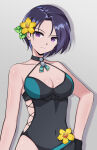 1girl 1girl black_choker black_one-piece_bikini blue_hair choker commentary_request covered_navel drop_shadow fire_emblem fire_emblem:_three_houses fire_emblem_heroes flower grey_background hair_flower hair_ornament komurice looking_at_viewer nintendo official_alternate_costume one-piece_bikini purple_eyes shamir_nevrand shamir_nevrand_(summer) short_hair simple_background swimsuit upper_body yellow_flower