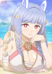 1girl 1girl absurd_res alluring arm_under_breasts bare_shoulders beach big_breasts bikini blue_hair blue_sky body_markings braid cleavage closed_mouth cloud fire_emblem fire_emblem_heroes flower hair_flower hair_ornament heidrun_(fire_emblem) heidrun_(summer)_(fire_emblem) high_res intelligent_systems large_pectorals long_hair looking_at_viewer lying nintendo ocean official_alternate_costume on_stomach outside pectorals red_eyes sky smile swimsuit tak0baka upper_body very_long_hair white_bikini