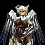 1girl ahoge arc_system_works blade blazblue blonde_hair bodysuit braid breasts dual_wielding erect_nipples glowing glowing_eyes huge_breasts impossible_clothes kanten kk lambda-11 long_hair maebari mask mecha_musume red_eyes shiny shiny_clothes simple_background single_braid skin_tight solo standing thick_thighs thighs turtleneck wings