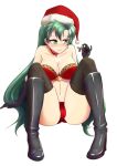 1girl 1girl alluring bare_shoulders bare_thighs big_breasts blush boots christmas christmas_outfit cleavage embarrassed fire_emblem fire_emblem:_the_blazing_blade fire_emblem_warriors green_eyes green_hair intelligent_systems long_gloves long_hair looking_away lyn lyn_(fire_emblem) lyndis lyndis_(fire_emblem) midriff mistletoe panties red_panties santa_hat willanator