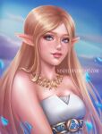 1girl arms_at_sides bangs bare_arms bare_shoulders blonde_female blonde_hair blue_eyes blurry blurry_background breasts breath_of_the_wild day dress elf female_only female_solo gold_jewelry gold_necklace grin hylian jewelry lips lipstick long_hair looking_at_viewer makeup medium_breasts neck necklace nindei nindei_(artist) nintendo official_alternate_costume outside parted_bangs parted_lips petals pink_lipstick pointy_ears princess princess_zelda sidelocks smile straight_hair strapless strapless_dress the_legend_of_zelda the_legend_of_zelda:_breath_of_the_wild upper_body very_long_hair white_dress zelda_(breath_of_the_wild)